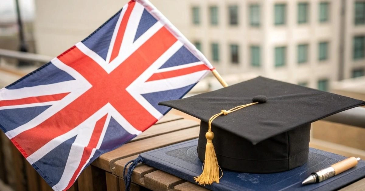 Four smiling international students carrying books walk past Big Ben, the London Eye and a red double-decker bus — a promotional scene for study abroad agencies in Kerala.